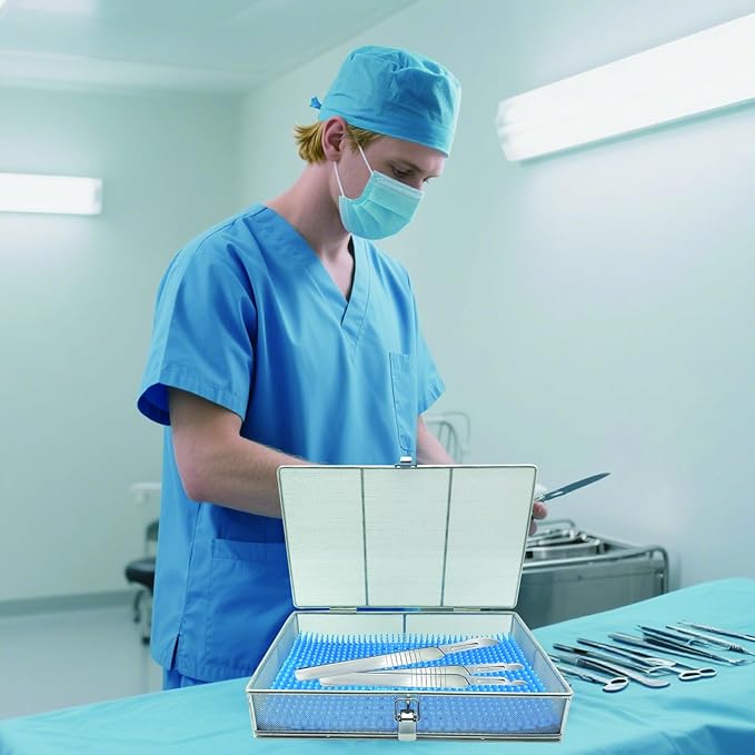 Instrument Tray with Silicone Mat&Lid, 11.81"x7.87"x2.75" (30x20x7cm), 304 Stainless Steel Sterilization Basket–Ultrasonic Perforated Mesh Tray for Ophthalmic, ENT Instruments, Cleaning&Sterilization
