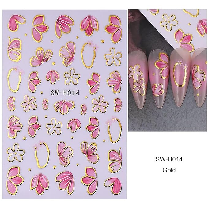 Flower Nail Art Stickers Decals,Colorful Petal Gold Line Nail Stickers for Nail Art Pink Floral Plant Nail Design Flowers Sticker for Nails Spring Manicure DIY for Women Nail Decor Accessories 4PCS