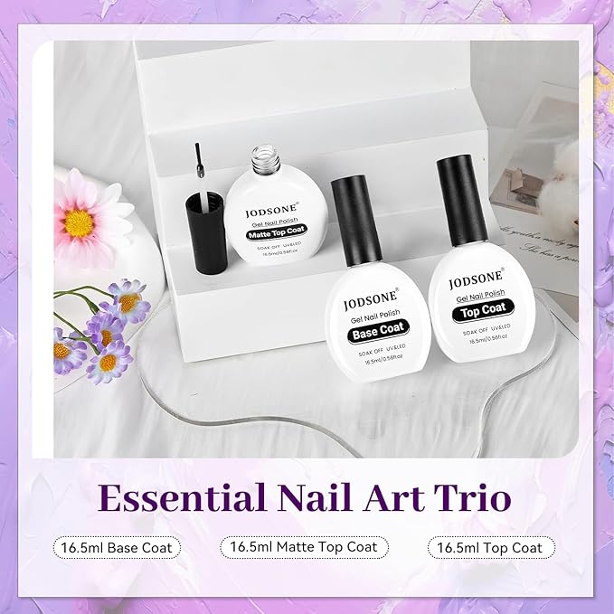 JODSONE 3Pcs Base Coat Glossy Top Coat Matte Top Coat for Long Lasting Shine and Velvety Finish 16.5ml Each Salon-Quality Nail Care Set