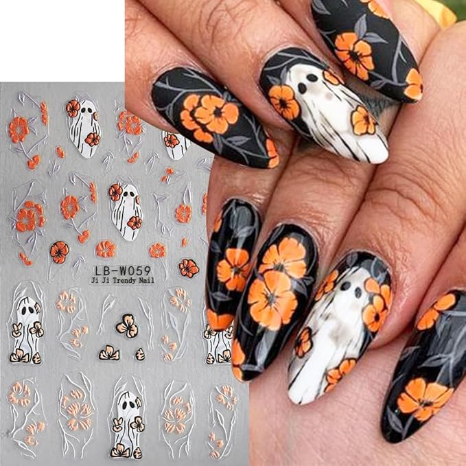 4 Sheets Halloween Nail Art Stickers 3D Self-Adhesive Goth Nail Stickers Flower Skull Ghost Designs Skeleton Nail Decals Nail Art Supplies for Women Acrylic DIY Halloween Holiday Nail Decoration DIY