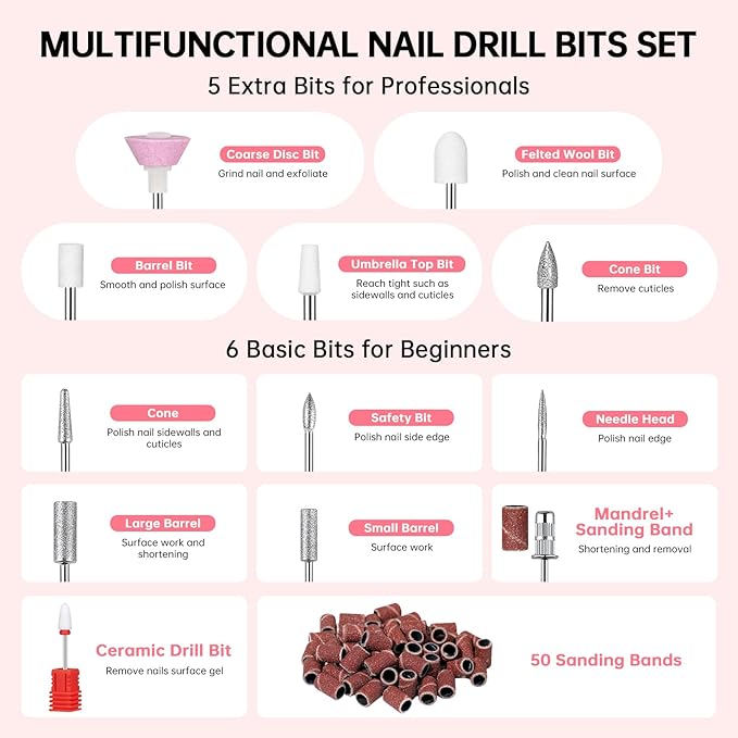 Rechargeable 35000RPM Nail Drill Sparkling Portable Professional Electric Nail File for Acrylic/Gel Nails Professional Nail Tools for Manicure Pedicure, Pink