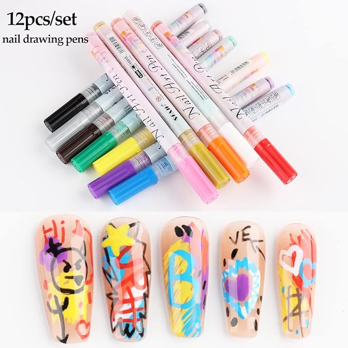 Nail Art Graffiti Pen Set 12Pcs Waterproof Painting Marker Pen Black White Drawing Gel Liners Quick Dry Dotting Pen Nails Professional Material For Manicure
