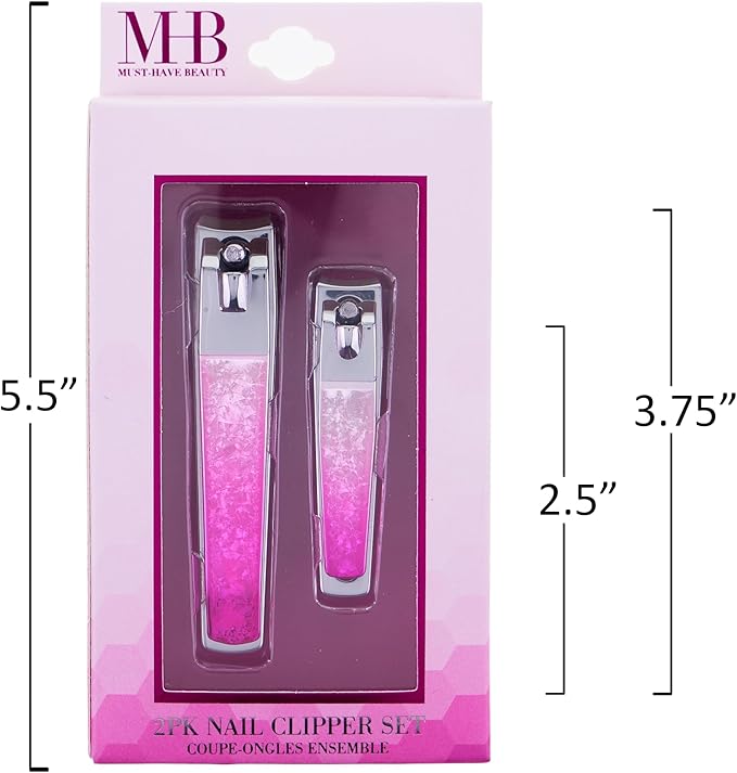 2pc Nail Clipper Set - Big & Small Precision Nail Clippers Value Pack, Water-Resistant Pink Nail Clippers with Comfortable Silicone Grip (Pink)