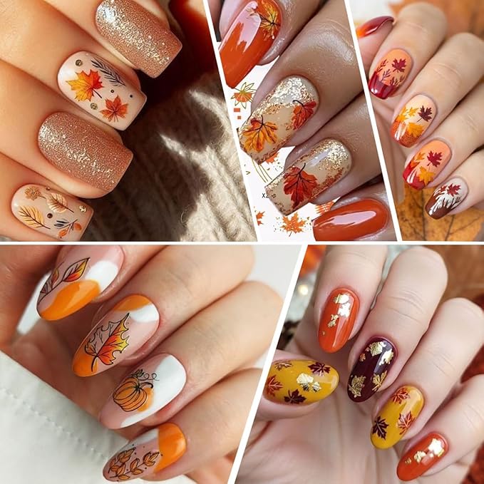 6 Sheets Fall Nail Stickers for Nail Art Glitter Maple Leaf Pumpkin Nail Decals Fruit Turkey Nail Design Stickers 3D Self-Adhesive Thanksgiving Acrylic Nails Art Supply for Women Manicure Decorations