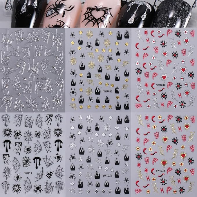 6 Sheets Spider 3D Self-Adhesive Gold Silver Red Web Star Design Decals for Women Halloween, Holiday & More: French Nail Art Supplies & Rhinestones Nail Art Charm