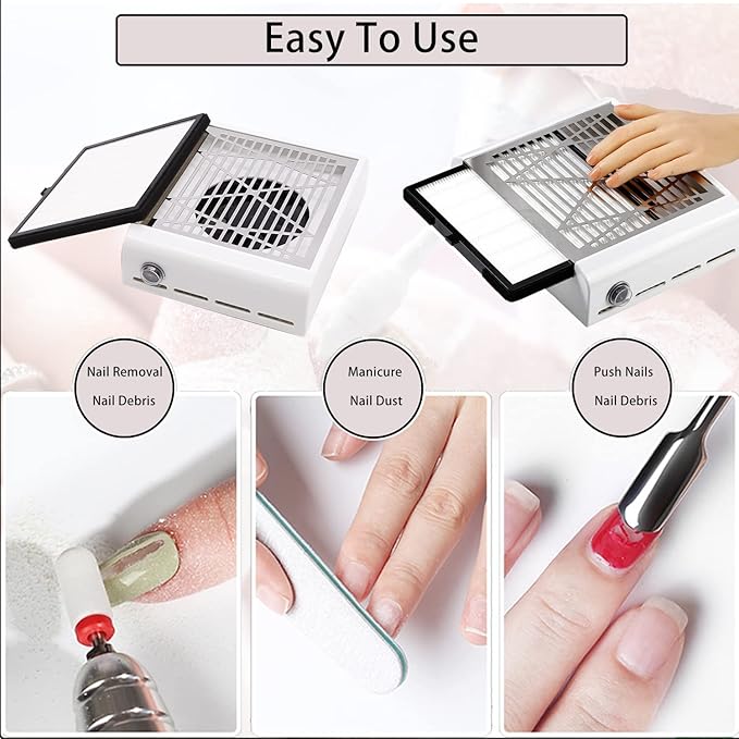 Electric Nail Dust Collector Machine, Nail Vacuum Suction Fan with Reusable Filters, Stainless Steel Nail Dust Cleaner, Dust Extractor Manicure Tool for Acrylic Gel Nail Polishing, White