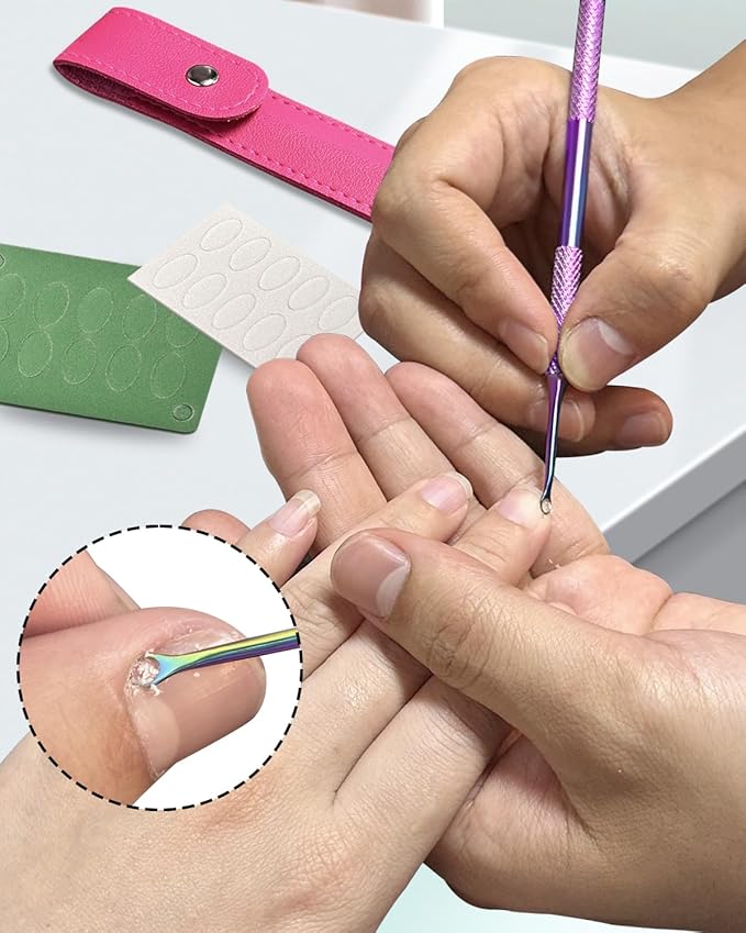 Dual Ended Cuticle Remover, Pre-treatment Cuticle Pusher with Loop Cuticle Pusher Removing, Stainless Steel Cuticle Nail Tool with 100#/240# Grit Nail Files and 1p Storage Bags, For Salon & Home Use