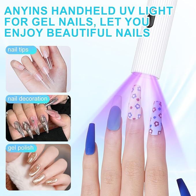 Handheld UV Light for Gel Nails, White Gel Light for Nails Cordless Nail Lamp Rechargeable with Led Display Lamp for Rhinestone Glue Decoration DIY at Home