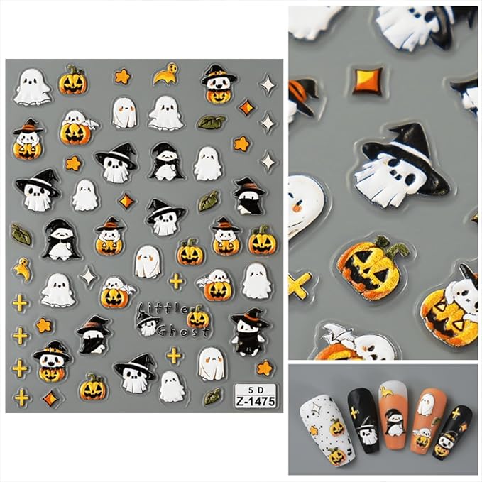 Embossed 5D Halloween Nail Stickers - Cute Ghost & Pumpkin Designs, Self-Adhesive Halloween Nail Decals for Women & Girls 2 Sheets