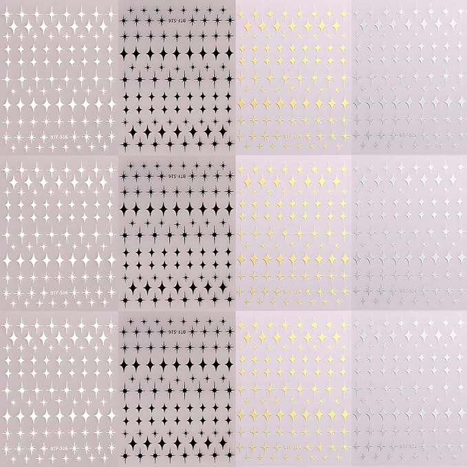 3D Self-Adhesive Star Nail Art Stickers - 12 Sheets Silver Gold Black White Decals for Acrylic Nails - Nail Design Supplies for Women Girls