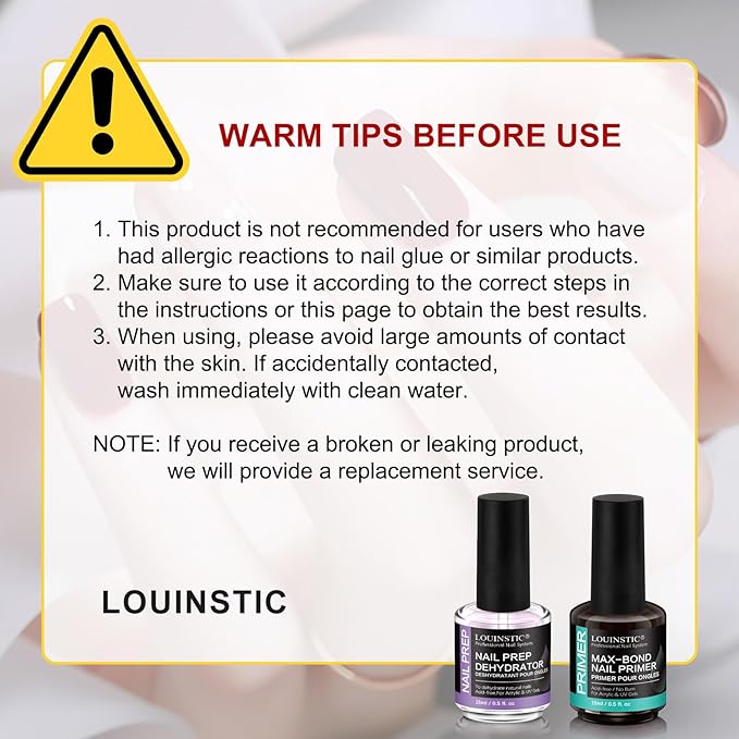 LOUINSTIC Acid-Free Nail Primer 15ml - Hema-Free Nail Prep for UV Gel, Builder Gel, Gel Polish & Acrylic Nails - No-Burn & No-Lift - Quick Air Dry, Low-Odor, Low-Irritant, Salon & Home Use