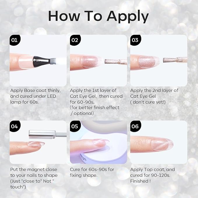 modelones Cat Eye Gel Nail Polish, Glitter Silver 9D Holographic Magnetic High Density Crystal Nail Polish with Magnet Soak Off U V White Gel Polish Top Coat Shimmer Nail Art Manicure Salon DIY