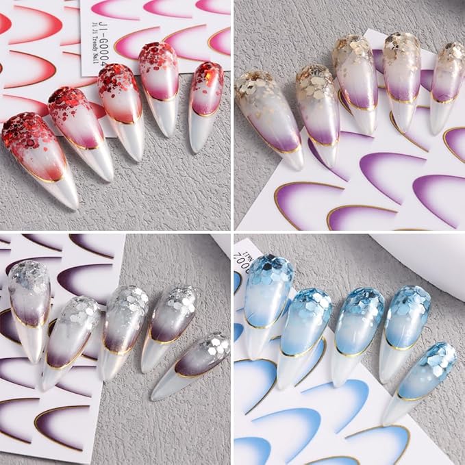 11 Sheets French Line Nail Art Stickers, Gradient Colorful French Tip Nail Decals 3D Self-Adhesive Curved Stripes Lines Nail Art Tips Guides for DIY Decoration Stencil Tools