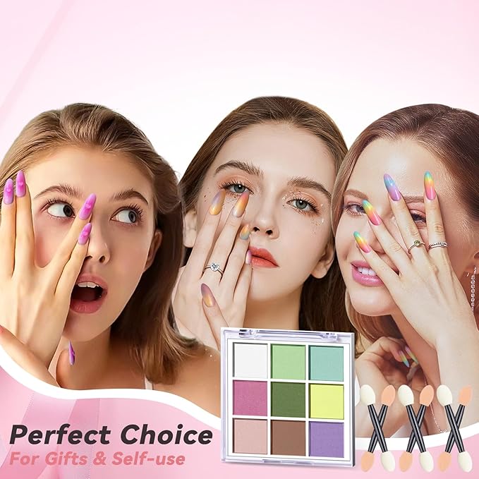 Nail Pigment Powder Palette, 9 Colors Solid Pigment Powder for Nails Ombre Gradient Aura French Manicure, Nail Art Palette Rub Dust Glitter Manicure Home DIY Decoration Accessories, Light Colors
