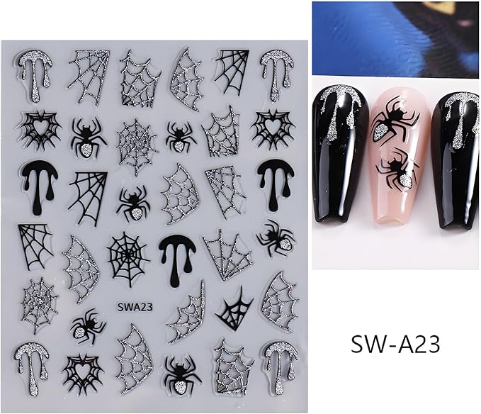 Halloween Nail Art Stickers, Glitter Spider Web Nail Art Decals 3D Self-Adhesive Black Gold Silver Heart Star Moon Nail Design 5Pcs Halloween Nail Art Supplies for Women Nail Decoration