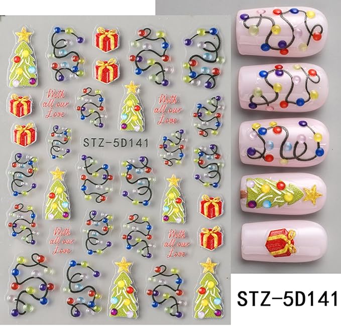 Christmas Nail Art Stickers 5D Embossed Light String Nail Decals with Xmas Tree Gifts Design Color Light Nail Stickers Acrylic Nail Supplies for Women DIY Christmas Decorations 2 Sheets
