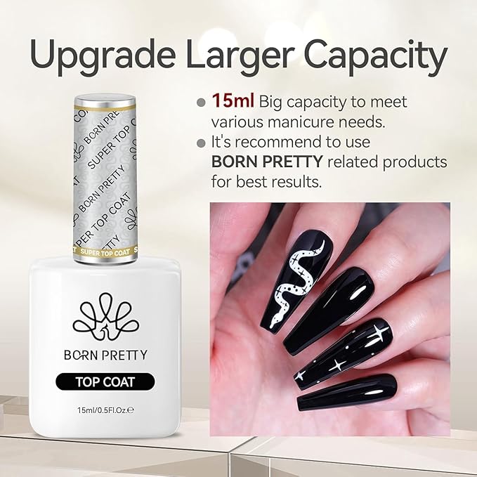 Born Pretty Gel Top Coat,15ml Gloss Top Coat and Nail Glue for Tips Set,No Wipe Super Top Coat Not Chip or Peel and Long Lastingfor Nail Art