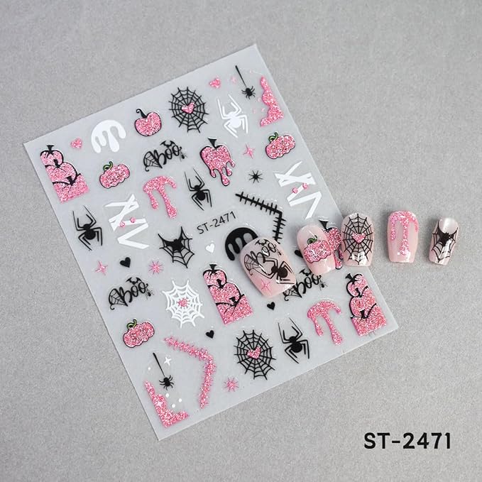 Halloween Nail Art Stickers, Cute Ghost Nail Art Decals 3D Self-Adhesive with Pink Bat Pumpkin Heart Skull Spider Web Nail Design 6Pcs Halloween Nail Art Supplies for Women Nail Decoration