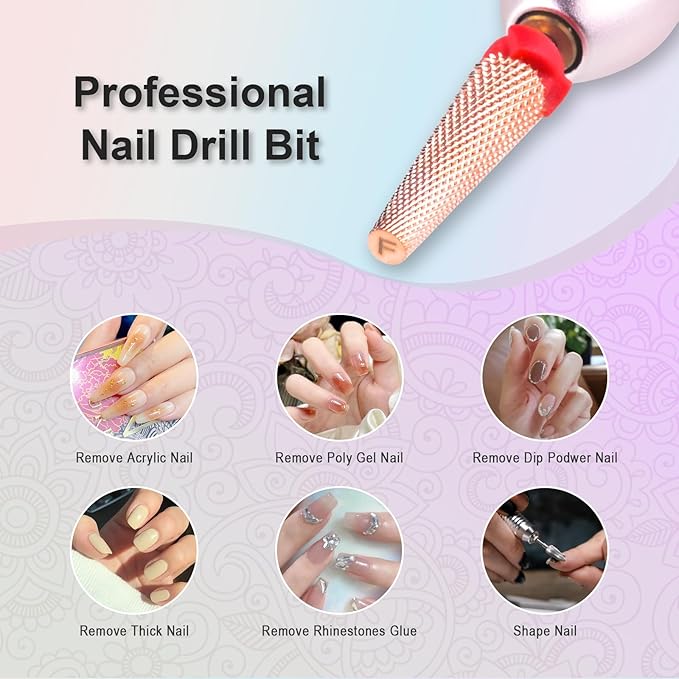 Depvko Super Long 5 in 1 Nail Drill Bits, 3/32'' Carbide Tungsten Bits, Two Way Rotate Professional Advanced Safety Bits for Nail, Fast Remove for Manicure Pedicure (Long 5in1-Rose Gold, Fine-F)