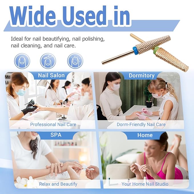 Mesee 4 Pieces Super Long 5 in 1 Nail Drill Bits, 3/32'' Shank Tapered Nail Bits Efile Safety Bits Professional Carbide Tungsten Bits for Nail Manicure Pedicure Cuticle Gel Polishing - Gold 