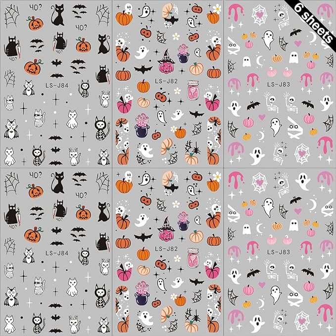 6 Sheets Halloween Nail Art Stickers Cute Spooky Pumpkin 3D Self-Adhesive Nail Decals Spider Nail Design Stickers Bat cat Nail Stickers for Women Girls Halloween DIY Acrylic Manicure Salon