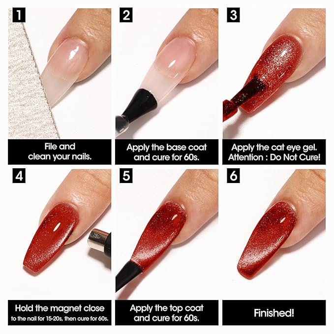 Gellen Glitter Cat Eye Gel Nail Polish Set 6 Colors Red Burgundy Gel Nail Polish with Magnet UV LED Soak Off Sparkle Nail Polish Kit Magnetic Gel Polish Set for DIY Nail Art Women Valentine’s Day Gift