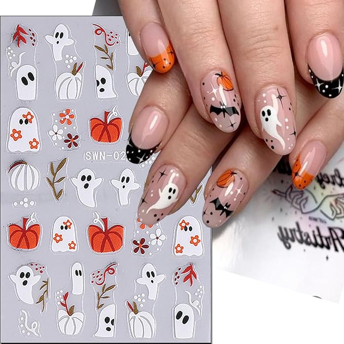 3Pcs Halloween Nail Stickers 5D Embossed Flower Ghost Nail Decals Spider Web Pumpkin Bandage Design Goth Spider Nail Art Stickers French Mummy Skeleton Nails Supplies for Women Holiday Manicure Decor