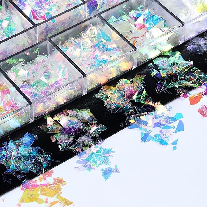 12 Colors Holographic Chrome Nail Art Glitter Sequins Iridescent Ice Slag Chunky Nail Glitter Flakes Mermaid Nail Sequins Colorful Fluorescent Glass Paper Nail Art Decoration for Face Hand Body DIY