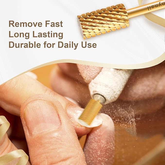 3/32" Large Barrel Flat Top Tungsten Carbide Nail Drill Bit Safety Bit for Gel & Acrylic Removal, 2-Way Rotating Efile Tip, Salon Electric File Accessory (2XC Grit, Gold)