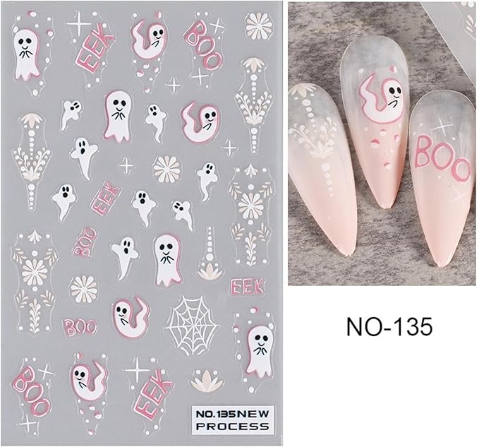 2Pcs Halloween Nail Art Stickers 5D Embossed Halloween Ghost Nail Decals Cute Ghost Spider Web Totem Pattern Designs Self Adhesive Horror Nail Supplies for Women Manicure Tip Decorations Accessories