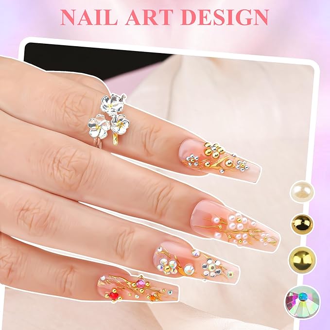 5 Boxes Nail Gems Kit - Flatback Rhinestones and Half Pearls & Nail Beads for Acrylic Nails, Colorful Rhinestones Crystal AB Clear Gemstones Silver/Gold Caviar Beads with Pickup Tools (23-S4-Beads)