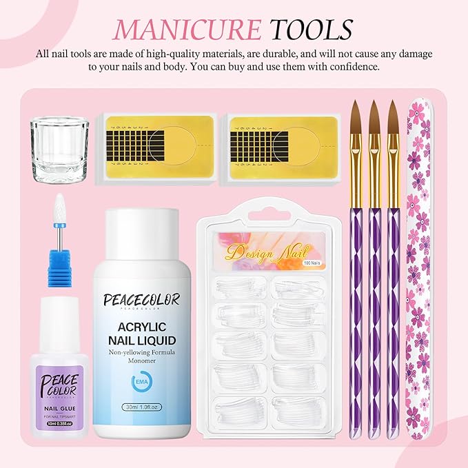 Acrylic Nail Kit with Drill with U V Light Clear/White/Pink Acrylic Powder Professional Nail Kit for Beginner with Everything 100PC Tips Brush Starter DIY Home Salon