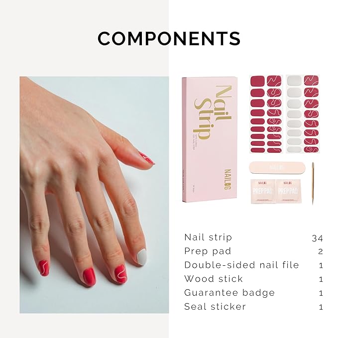 Nailog Semi Cured Gel Nail Strips 34 pcs | Buy 2 Get 1 UV Lamp | Long Lasting Nail Polish Sticker Wraps with Glossy Gel Finish (Red Dune)
