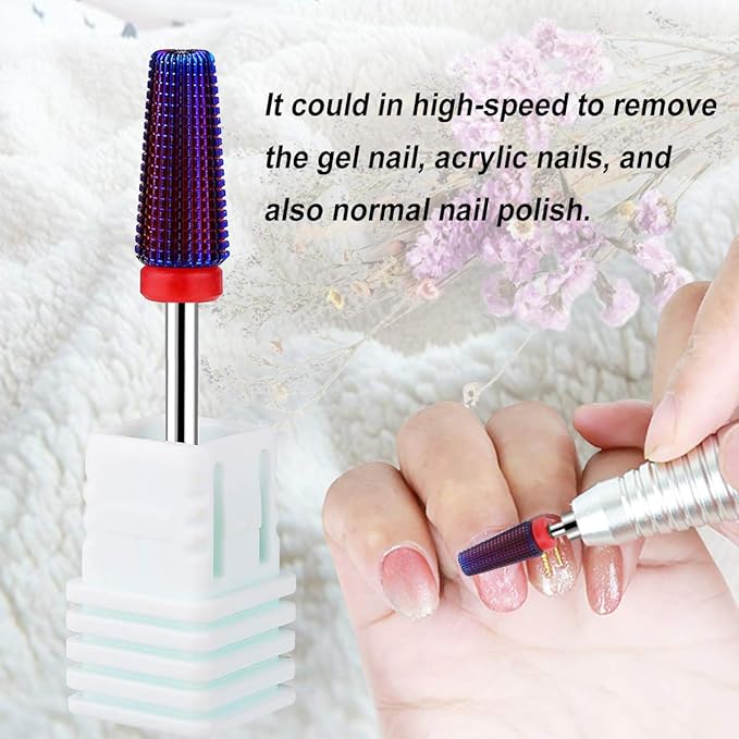 Lavinda 5 in 1 Fine Grit Tapered Nail Drill Bit for Acrylic Gel Removal Carbide Tungsten Steel Left Right Hand Use Professional Nail Tech Tools 3/32" (Fine, Purple)