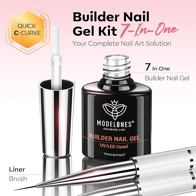 modelones Base Coat Builder Nail Gel, Clear Builder Nail Polish 7-in-One with Detachable Liner Nail Brush LED Lamp Cured Strengthener Color Rubber Base Coat for Apex Building Extension Thickening 10ml