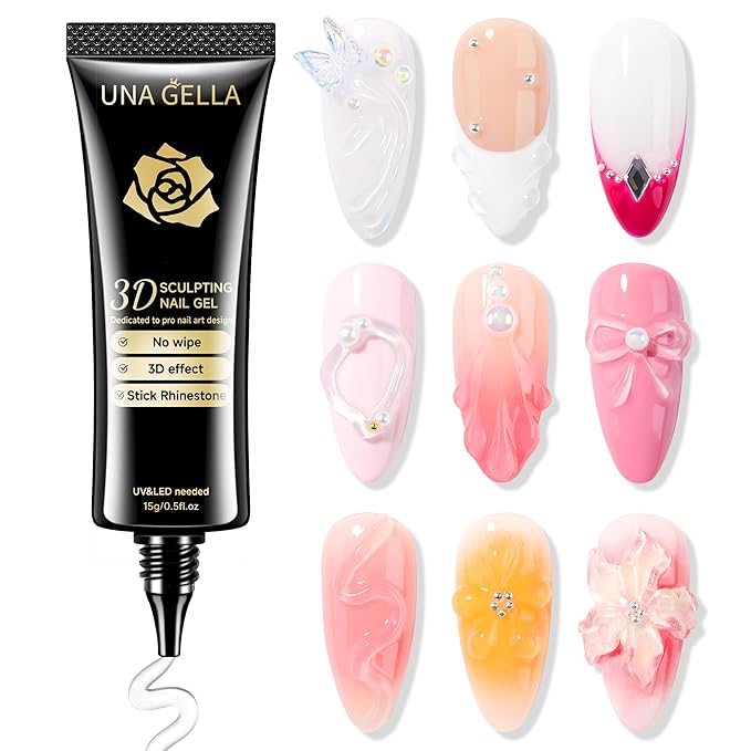 UNA GELLA 3D Gel Nail Art, 3D Nail Gel Sculpting G el Glue 15g 4 in 1 No Wipe Clear Nail Polish for Nails Tips, Chrome Powder, Nail Charms Gems, Drawing and DIY Christmas Nail Art Lamp Curing Needed