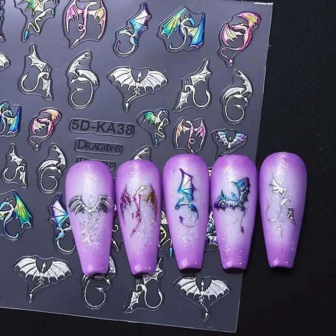 5D Embossed Dragon Nail Art Stickers 2PCS Silvery Flying Devil Bat Halloween Nail Decals Nail Art Supplies Sweet& Cool Flying Dragon Self-Adhesive Nail Stickers for Women DIY Nail Salon Decoration
