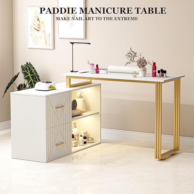 Paddie Manicure Table for Nail Tech with Wrist Cushion, Corner Nail Desk with 2 Drawers and 2 Shelves, Beauty Salon Nail Supplies Decor Station with 16 Colors LED Lights (White)
