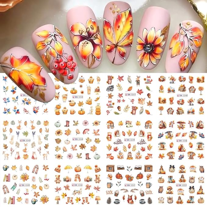 Fall Thanksgiving Nail Art Stickers Decals Autumn Maple Leaf Water Transfer Nail Foils Supplies Fall Pumpkin Squirrel Fox Mushroom Designer Nail Decals for Nail Art Thanksgiving Nail Art Decoration