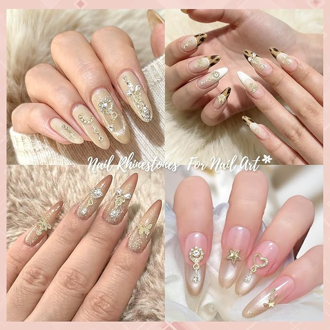 100Pcs Dangle Gold Nail Charms, Gold Cross Star Heart Crown Planet Bows Butterfly Nail Gems Charms, Golden Nails Art Supplies Women DIY Accessories