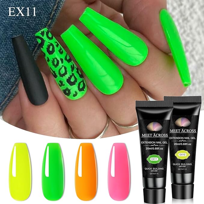 MEET ACROSS Poly Nail Gel 10Pcs Nail Extension Gel Set and Nail Extension Starter Kit for Beginners Nail Art DIY Home Gifts for Women (Neon, 12pcs)
