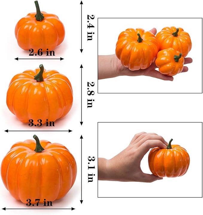 Ogrmar 12 Pack Artificial Assorted Pumpkins, Mini Fake Pumpkins Artificial Vegetables for Halloween,Harvest Thanksgiving Party Decor(Orange)
