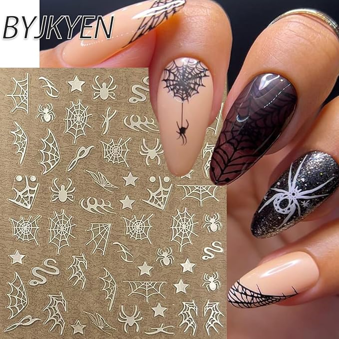 Spider Web & Snake Nail Art Stickers - Halloween Decals, Black & White, Gold & Silver, Self-Adhesive, 8Pcs