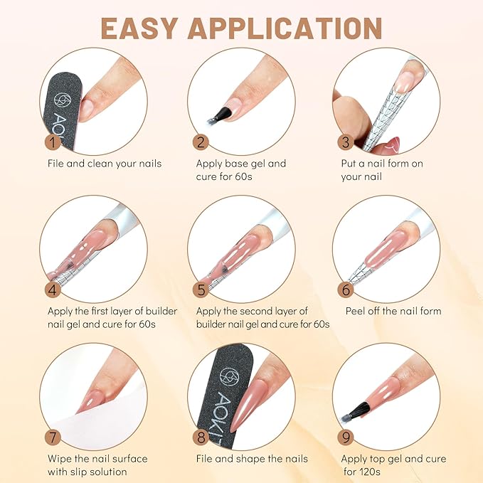 Aokitec 7-in-1 Builder Nail Gel Set, 6 Colors Pink Nude Milky White Hard Gel Builder Nail Strengthener Extension Nail Polish Rhinestone False Nail Tips Glue in a Bottle, Gifts for Women