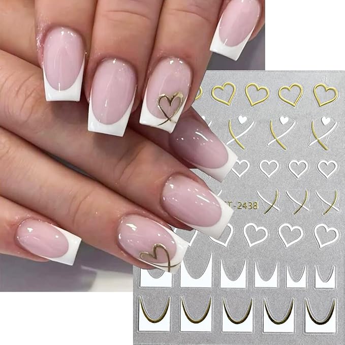 6Sheets Heart Nail Stickers French Tips Nail Art Stickers Letter Nail Decals Gold Black Bronzing Hollow Design 3D Self Adhesive Nail Sticker for Nail Art Decoration Salon Manicure Supplies for Women
