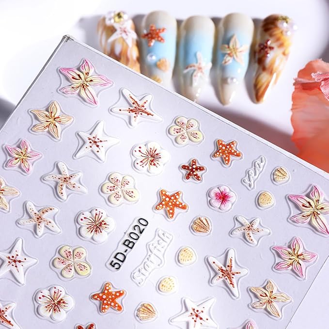 2 Sheets Colorful Starfish Nail Stickers, Flower Nail Decals, 5D Embossed Self-Adhesive Nail Art Stickers for Women DIY Summer Flowers, Shells, Bows, Starfish Manicure Decoration Supplies