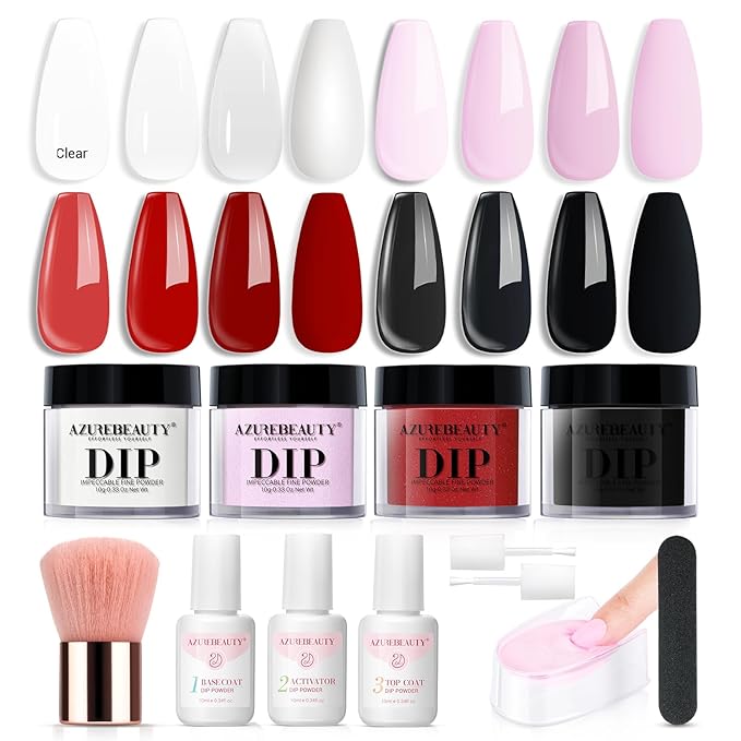 AZUREBEAUTY Dip Nails Powder Starter Kit, 4 Colors Pink Red Black Clear Dipping Powder System Liquid Set Recycling Tray with Base & Top Coat Activator Manicure Kit for Halloween Gift.