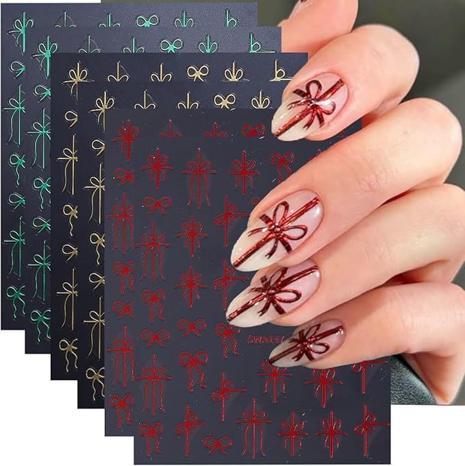 Christmas Nail Art Stickers Decals Christmas Gift Bow Nail Decals 6PCS Golden Green Red Ribbon 3D Self-Adhesive Nail Designs Holiday Nail Stickers Manicure Supply for Women DIY Nail Art Decorations