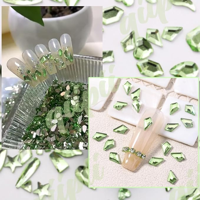 1802Pcs Light Green Nail Rhinestones Grass Green Nail Charms Multi Shapes Crystal Flatback Rhinestones Gems Round Beads Glass Stones Diamonds Jewels Art for Nails Faces Eyes Makeup DIY Crafts