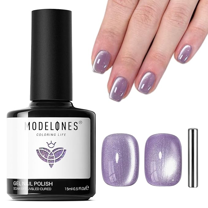 modelones Cat Eye Gel Nail Polish,Glitter Purple Gel Polish with Magnet Magentic Cateye Gel Polish Soak Off Led Reflective Gel Top Coat Manicure Salon DIY Gifts